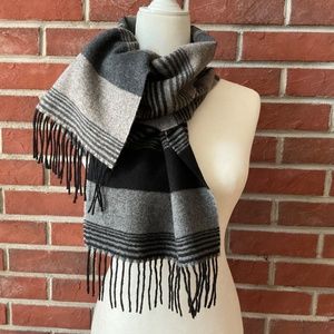 Hilary Radley Lambswool Black Grey Stripes Fringed Scarf 58”X12” Made in Italy